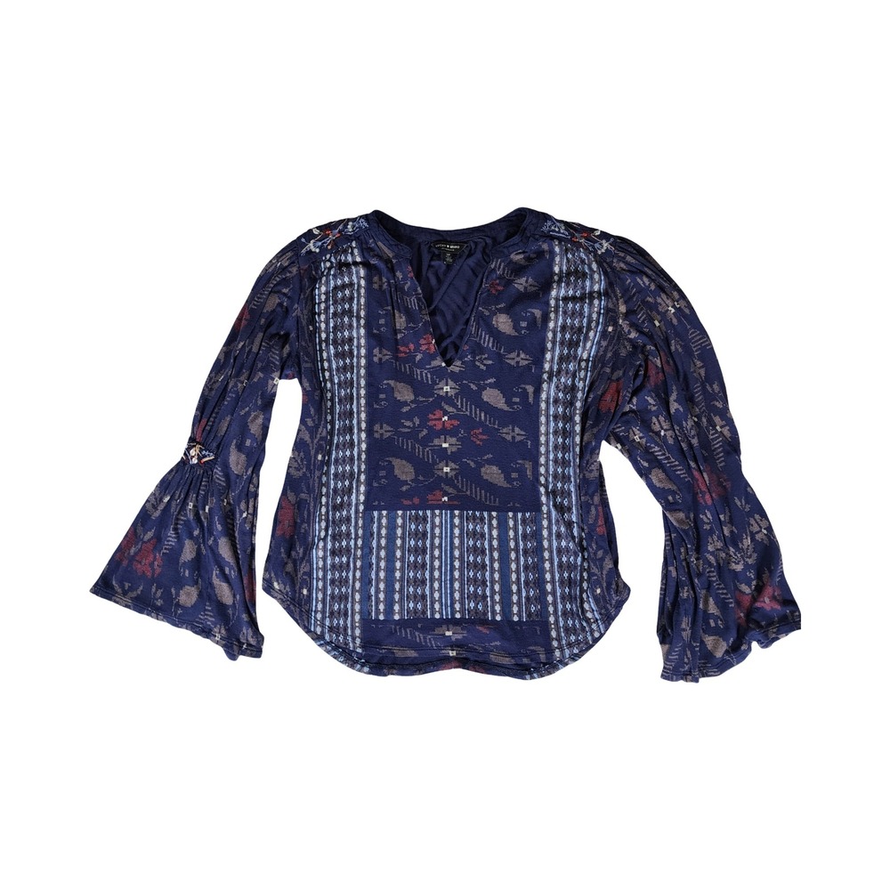 Lucky Brand Navy Blue Paisley Embroidered Bell‎ Sleeve Boho Blouse Small